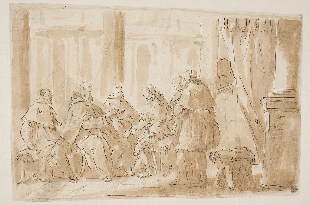 Un gruppo di cinque chierici parla con un laico - Statens Museum for Kunst